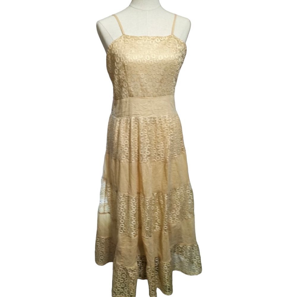(922) Manhattan Blues Gold Lace Layered Boho Festival Dress Size Large